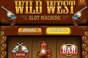 Interfață slot machine cu tematică Vestului Sălbatic, având pistoale încrucișate, dinamite și simbolul BAR