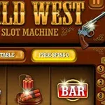 Interfață slot machine cu tematică Vestului Sălbatic, având pistoale încrucișate, dinamite și simbolul BAR