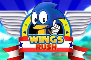 Personaj animat albastru cu aripi albe și textul „Wings Rush” pe un fundal albastru