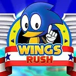 Personaj animat albastru cu aripi albe și textul „Wings Rush” pe un fundal albastru