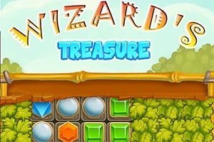 Imaginea prezintă titlul colorat Wizards Treasure deasupra unui set de pietre prețioase și simboluri în diverse culori, înconjurate de un fundal verde luxuriant