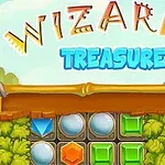 Imaginea prezintă titlul colorat Wizards Treasure deasupra unui set de pietre prețioase și simboluri în diverse culori, înconjurate de un fundal verde luxuriant