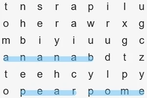 Puzzle de cuvinte în grilă cu cuvintele banana, pear și pome evidențiate