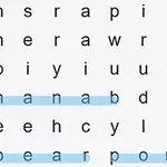 Puzzle de cuvinte în grilă cu cuvintele banana, pear și pome evidențiate