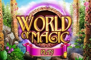Textul World of Magic este afișat central, înconjurat de un decor vibrant, cu elemente de vegetație luxuriantă și flori colorate, având un buton mov cu inscripția Play