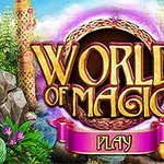 Textul World of Magic este afișat central, înconjurat de un decor vibrant, cu elemente de vegetație luxuriantă și flori colorate, având un buton mov cu inscripția Play