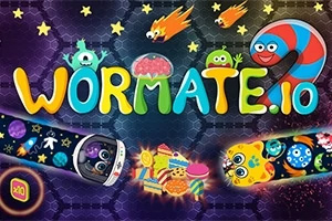 Text colorat și personaje animate pe un fundal hexagonal, încadrând cuvântul Wormate