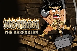Un barbar musculos, cu un ciocan mare, lovește o nicovală într-un mediu de piatră, alături de textul „Wothan the Barbarian”