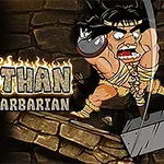 Un barbar musculos, cu un ciocan mare, lovește o nicovală într-un mediu de piatră, alături de textul „Wothan the Barbarian”