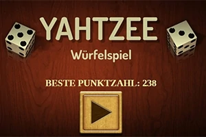 Două zaruri albe cu șase fețe și un buton de redare pe un fundal de lemn maro închis, cu text în germană