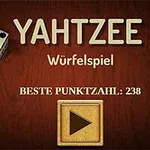 Două zaruri albe cu șase fețe și un buton de redare pe un fundal de lemn maro închis, cu text în germană