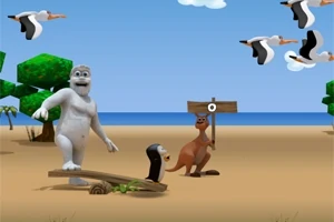 Un personaj animat alb, un pinguin și un cangur pe o plajă cu un semn și păsări care zboară pe cerul albastru