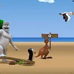 Un personaj animat alb, un pinguin și un cangur pe o plajă cu un semn și păsări care zboară pe cerul albastru