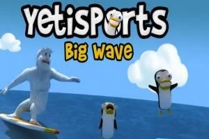 Un Yeti pe o placă de surf și doi pinguini sărind în aer pe un fundal albastru cu nori albi