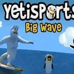 Un Yeti pe o placă de surf și doi pinguini sărind în aer pe un fundal albastru cu nori albi