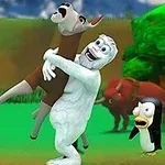 Yeti alb ținând un cerb în brațe, alături de un pinguin, cu o broască țestoasă în fundal, pe o pajiște verde