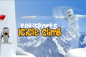 Un peisaj montan înzăpezit cu un Yeti sărind și un pinguin pe o platformă de gheață, însoțite de text colorat