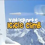Un peisaj montan înzăpezit cu un Yeti sărind și un pinguin pe o platformă de gheață, însoțite de text colorat