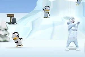 Un peisaj polar cu pinguini animati și o creatură albă de tip Yeti, pe un fundal de zăpadă și gheață
