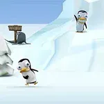 Un peisaj polar cu pinguini animati și o creatură albă de tip Yeti, pe un fundal de zăpadă și gheață