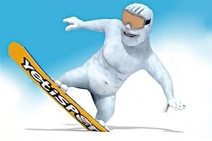 Yeti alb, cu ochelari de schi, face snowboard pe o placă portocalie cu cer albastru în fundal