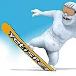 Yeti alb, cu ochelari de schi, face snowboard pe o placă portocalie cu cer albastru în fundal