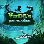 Copacii înalți înconjoară o navă spațială pe o apă calmă, cu un logo verde și siluete pe fundal