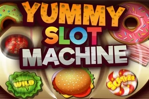 Text colorat Yummy Slot Machine cu imagini de gogoși, hamburgeri și alte elemente alimentare pe fundal