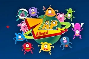 Extraterestri colorați și amuzanți înconjoară un planetă verde pe un fundal albastru, cu un logo colorat în centru