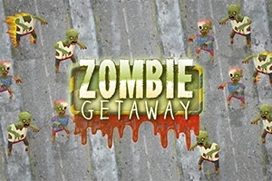 Fundal gri cu zombi desenați și textul Zombie Getaway scris cu litere mari în centrul imaginii