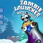 Ecran cu un tun în formă de zombi care ține în mână un buchet de flori, pe un fundal de iarnă cu zăpadă și brazi, și butoane de meniu în partea stângă