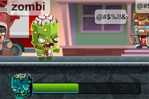 Personaje animate în stil desen animat pe o stradă, cu un zombi verde în prim plan și o bară de sănătate dedesubt