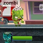 Personaje animate în stil desen animat pe o stradă, cu un zombi verde în prim plan și o bară de sănătate dedesubt