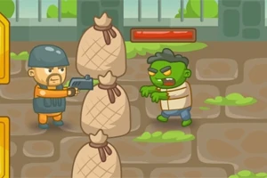 Un bărbat în uniformă care trage cu un pistol spre un zombi verde, cu saci de nisip între ei