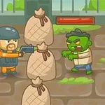 Un bărbat în uniformă care trage cu un pistol spre un zombi verde, cu saci de nisip între ei