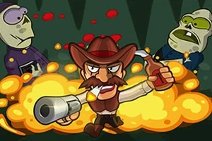 Un personaj cowboy cu pălărie, mustață și pistolet trage în timp ce este înconjurat de două creaturi asemănătoare zombilor și explozii în fundal