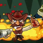 Un personaj cowboy cu pălărie, mustață și pistolet trage în timp ce este înconjurat de două creaturi asemănătoare zombilor și explozii în fundal