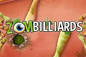 Textul Zombilliards este suprapus peste un fundal cu nuanțe de verde și crem, cu brațe de zombie extinzându-se din colțuri