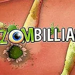 Textul Zombilliards este suprapus peste un fundal cu nuanțe de verde și crem, cu brațe de zombie extinzându-se din colțuri